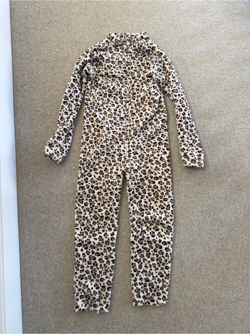 adult Leopard Print One-Piece Fleece Jumpsuit - Cream/Brown